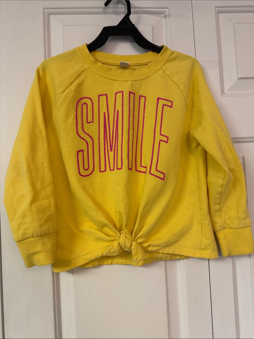 Old Navy Yellow Sweatshirt with Pink SMILE Graphic and Front Tie